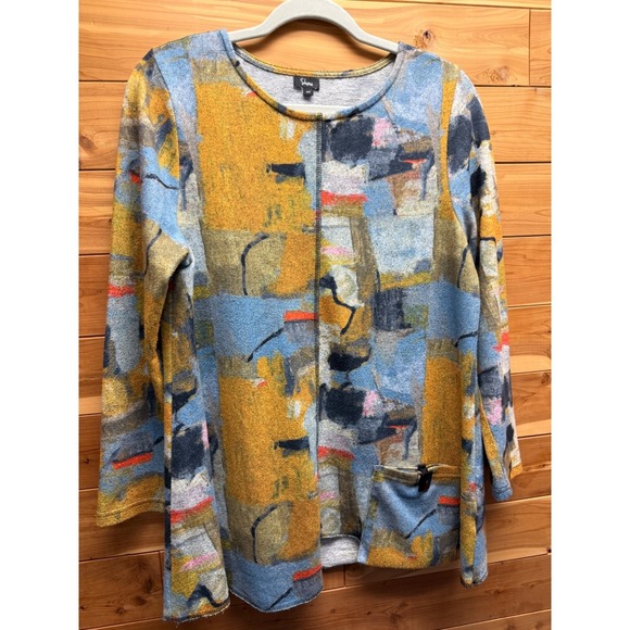 Shana Tops - Shana Womens Small Abstract Art Print Tunic Top Long Sleeve Blue Yellow Arty